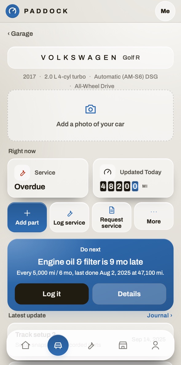 Paddock Garage on a phone: a sample Golf R, what's due and what to do next.